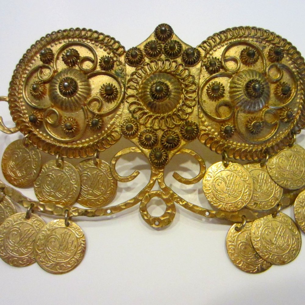 Gold Plated Large Deco Clip Brooch Mid Eastern Rare Coins Marked Greece